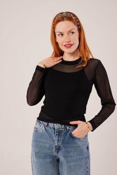 Transparan Siyah Tül Basic Bluz
