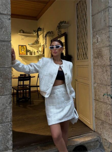CHANEL CROP CEKET-KISA ETEK TAKIM - Beyaz