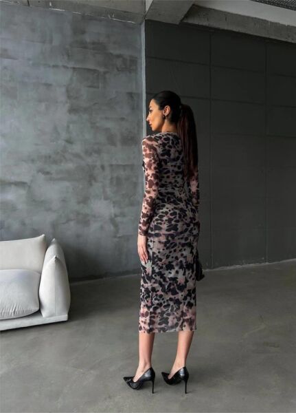 LEOPAR DESEN TÜL ELBİSE BEL DEKOLTELİ DRAPE DETAYLI - Leopar