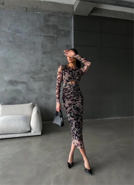 LEOPAR DESEN TÜL ELBİSE BEL DEKOLTELİ DRAPE DETAYLI - Leopar