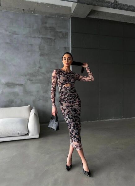 LEOPAR DESEN TÜL ELBİSE BEL DEKOLTELİ DRAPE DETAYLI - Leopar
