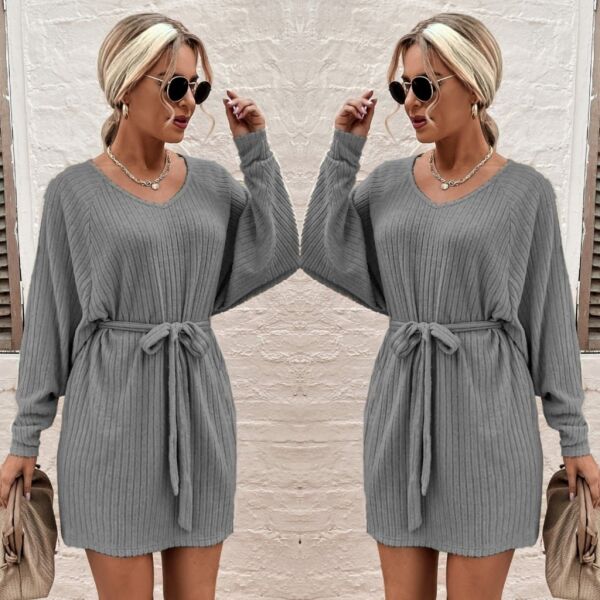 Kadın Uzun Kollu Fitilli şardonlu Detay Buklet Kuşaklı Yumoş Elbise