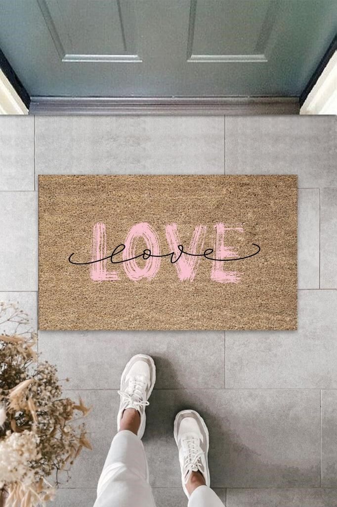 Pembe Kapı Önü Paspası Love Desen  K-3297