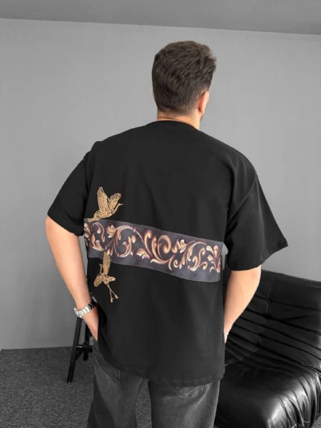 Ön Ve Arka Baskılı Oversize Bisiklet Yaka T-shirt - Siyah