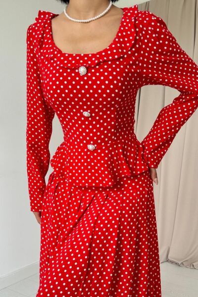 Kırmızı Puantiye Desenli Volanlı Elbise