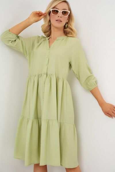 Düğmeli Kısa Kol Elbise 2559 - E.Yeşil