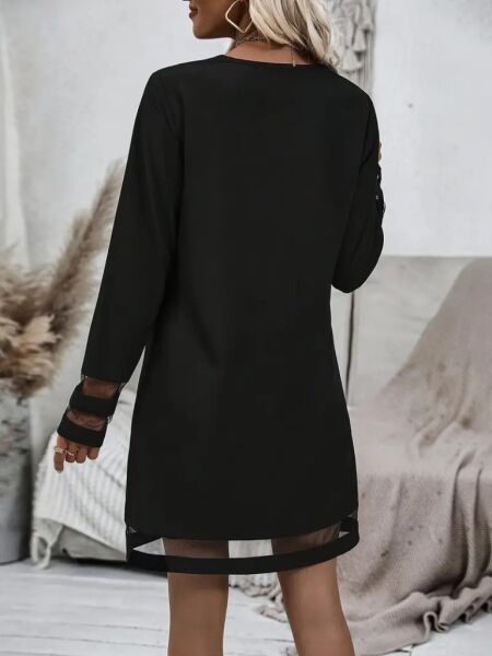 Kadın Uzun Kollu V Yakalı şeritli Tül Detaylı Ithal Krep Elbise