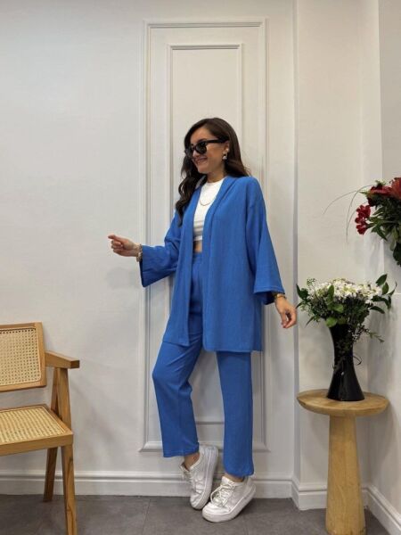 Kadın Uzun Kollu önü Açık Dokuma Ceket Ve Pantolon Ikili Takım