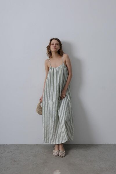 Askılı Çizgi Desen Elbise - Haki