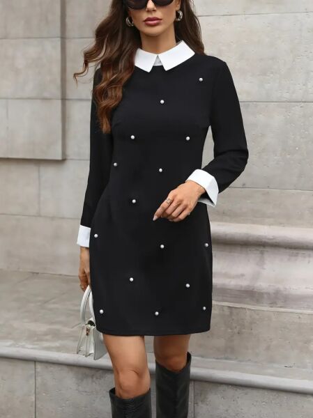 Kadın Uzun Kollu Yakalı Incili Ithal Krep Elbise