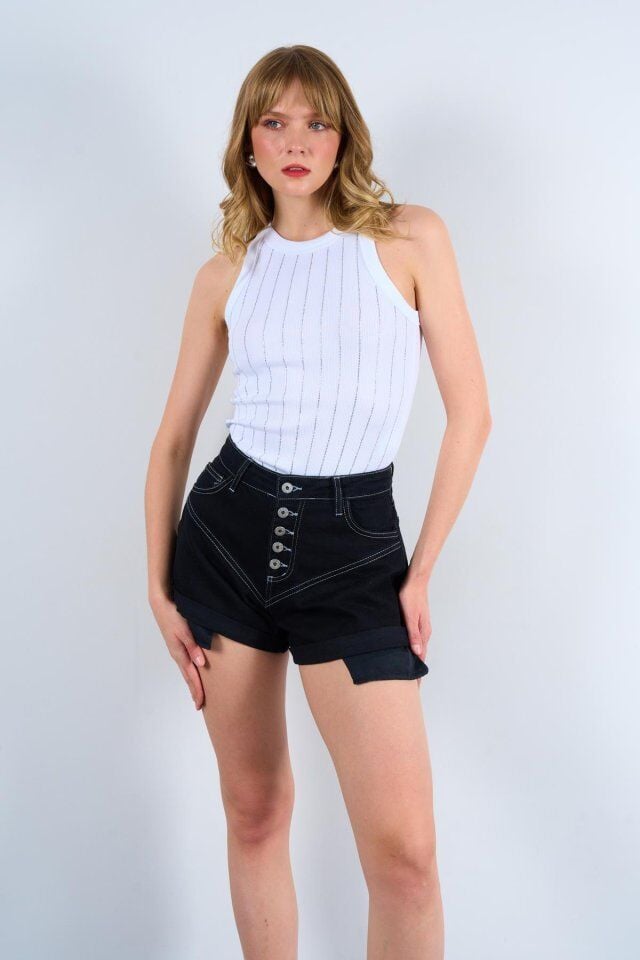 Halter Yaka Taş Baskılı Atlet - Beyaz
