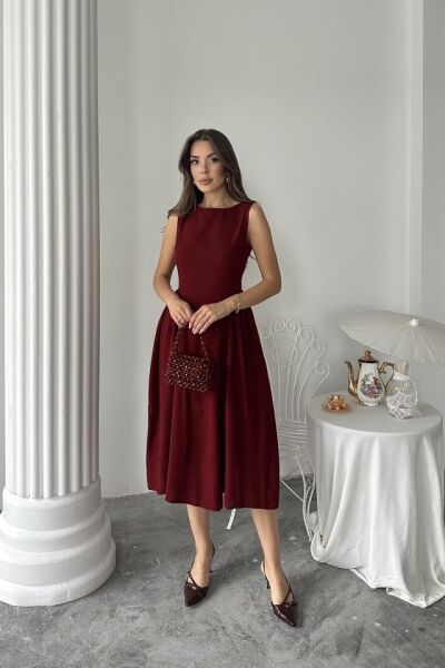 Bordo Yanları Büzgülü Midi Boy Keten Elbise