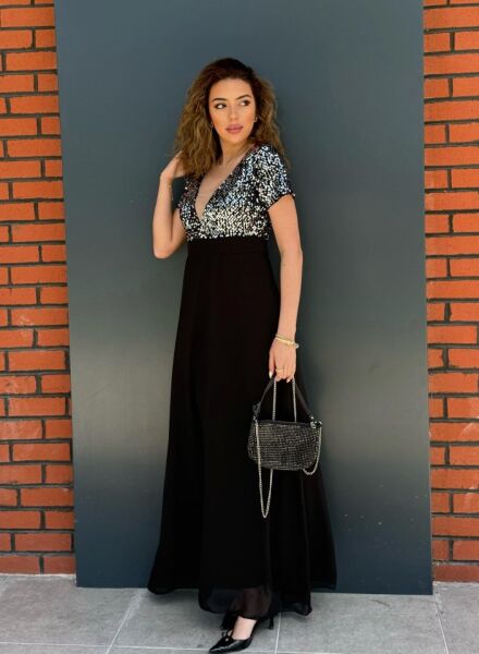 Kadın Kısa Kollu Derin V Yakalı A Kesim Pulpayet Detaylı şifon Nedime Elbisesi