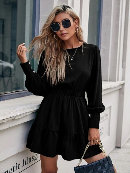 Kadın Uzun Kollu Bisiklet Yaka Beli Lastikli Fırfırlı Ithal Krep Elbise