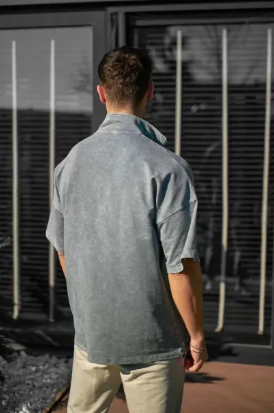 Unisex Yarım Fermuarlı Yıkamalı T-Shirt - Gri
