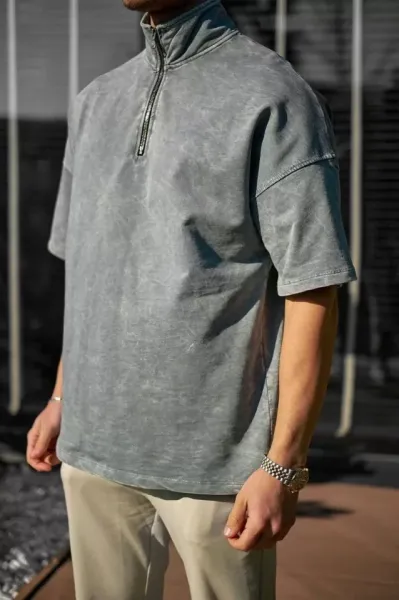 Unisex Yarım Fermuarlı Yıkamalı T-Shirt - Gri