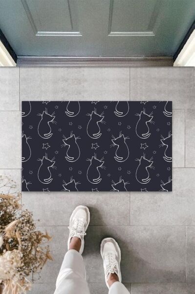 Siyah Kapı Önü Paspası Yıldızlı Kediler Desen  K-3307