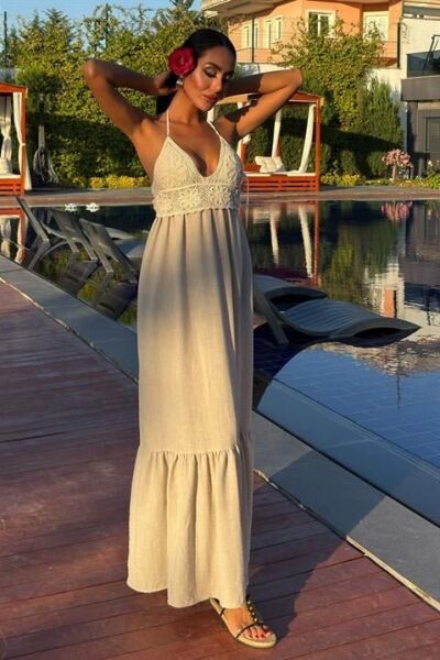 Göğsü Trikolu Keten Uzun Elbise 2904-08