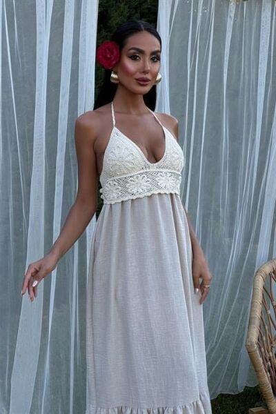 Göğsü Trikolu Keten Uzun Elbise 2904-08