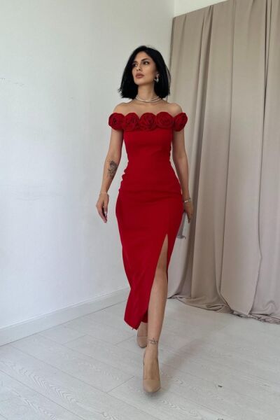 Kırmızı Madonna Yaka Güllü Elbise