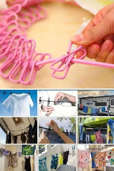 BUFFER® Taşınabilir Seyahat Çamaşır İpi 12 Mandallı Klipsli Lastikli Çamaşır Mandalları