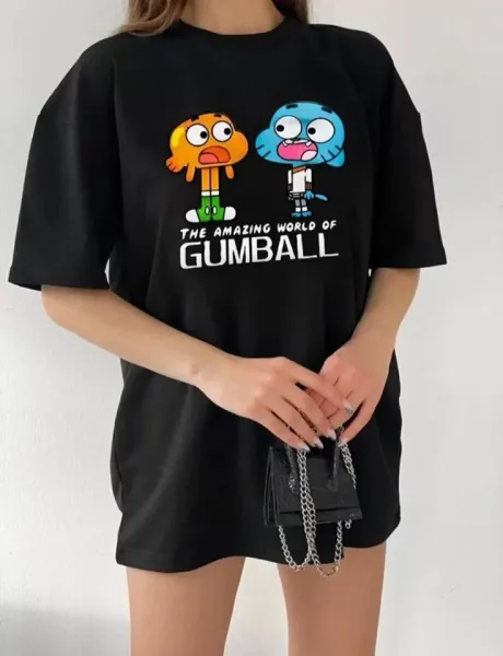 Bisiklet Yaka Baskılı Oversize T-Shirt - Siyah