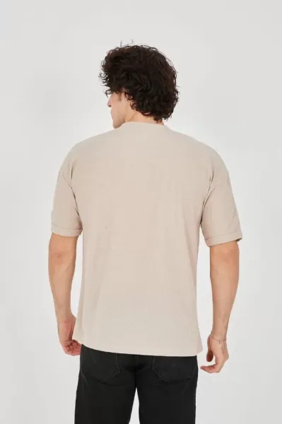 Unisex Waffle Kumaş Rahat Kol T-Shirt - Bej