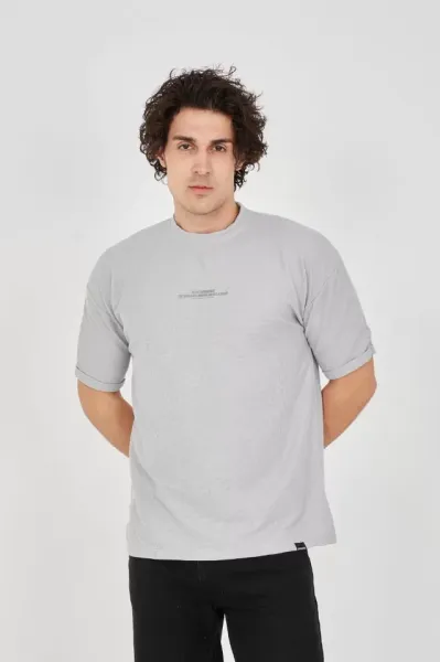 Unisex Waffle Kumaş Rahat Kol T-Shirt - Boyalı Gri