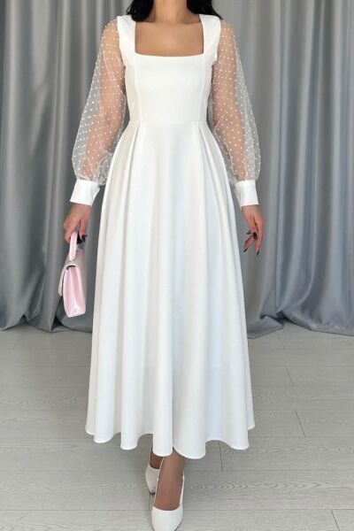 Beyaz Kolları Organze Kuplu Elbise
