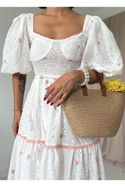 Pudra Dantel Detaylı Brode Elbise