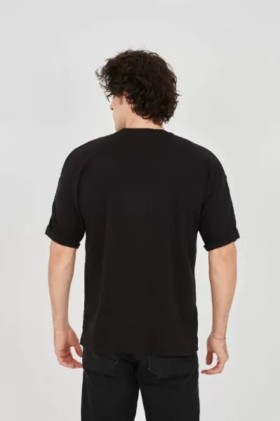 Unisex Jakar Kumaş Rahat Kol T-Shirt - Siyah