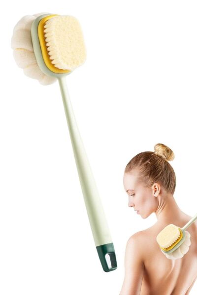 BUFFER®  2'si 1 Arada Çift Taraflı Uzun Saplı Fırçalı Banyo Vücut Sırt Fırçası Banyo Lifi