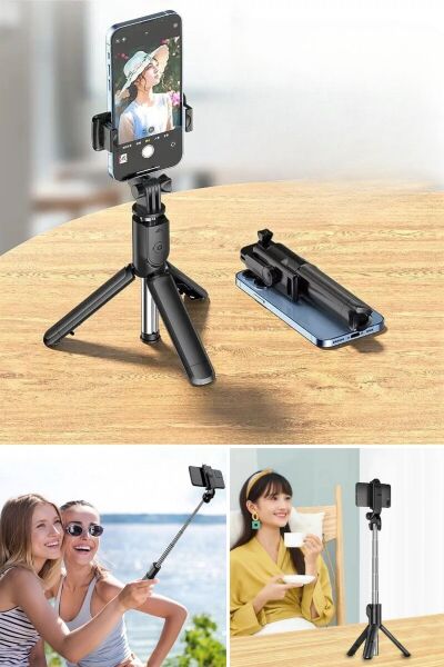 BUFFER® Masaüstü Tripod Olabilen Telefon Tutuculu Kablosuz Kumandalı Selfie Çubuğu