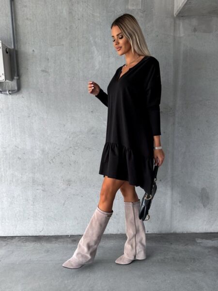 Kadın Uzun Kollu V Yaka Eteği Büzgülü Kloş Iki Iplik Mini Boy Elbise