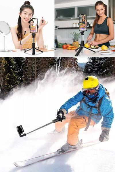 BUFFER® Masaüstü Tripod Olabilen Telefon Tutuculu Kablosuz Kumandalı Selfie Çubuğu