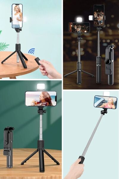 BUFFER® Kendiliğinden Işıklı Masaüstü Tripod Olabilen Telefon Tutuculu Kablosuz Kumandalı Selfie Çubuğu