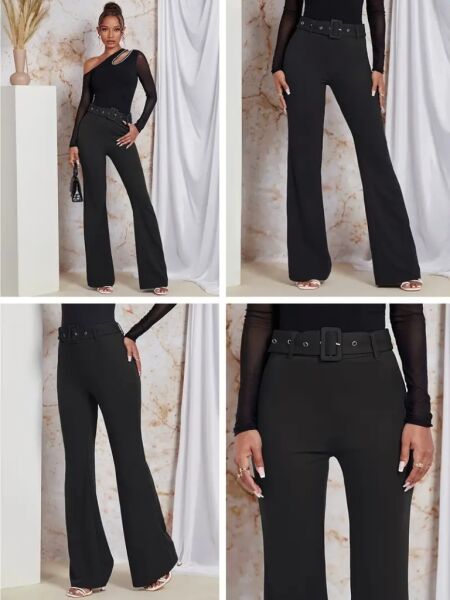 Kadın Yüksek Bel Kemerli Paçaya Doğru Genişleyen Ithal Krep Pantolon