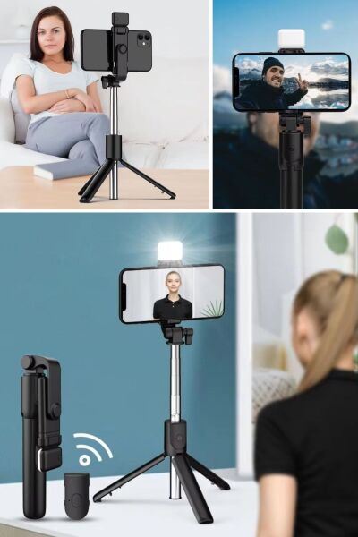 BUFFER® Kendiliğinden LED Işıklı Kumandalı Uzayabilen Selfie Çubuğu,Masa Üstü Tripod