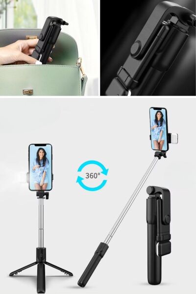 BUFFER® Kendiliğinden LED Işıklı Kumandalı Uzayabilen Selfie Çubuğu,Masa Üstü Tripod