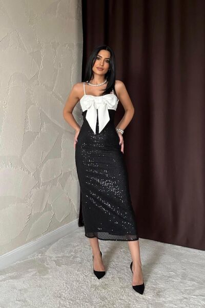 Siyah Önü Fiyonklu Garnili Elbise