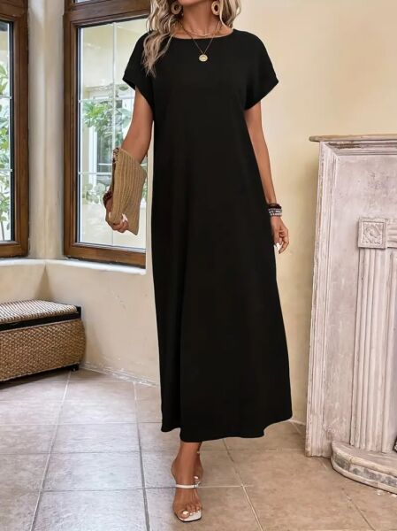 Kadın Uzun Kollu Yakası Açık Viskon Elbise