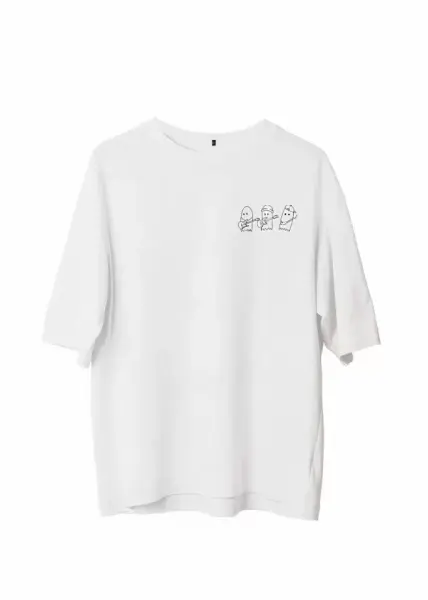 Unisex Bisiklet Yaka Baskılı Oversize T-Shirt - Beyaz