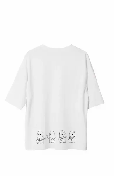 Unisex Bisiklet Yaka Baskılı Oversize T-Shirt - Beyaz