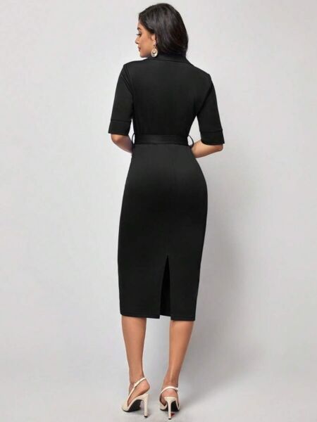 Kadın Kısa Kollu Yakalı Kruvaze Yakalı Beli Kemerli Midi Modal Elbise