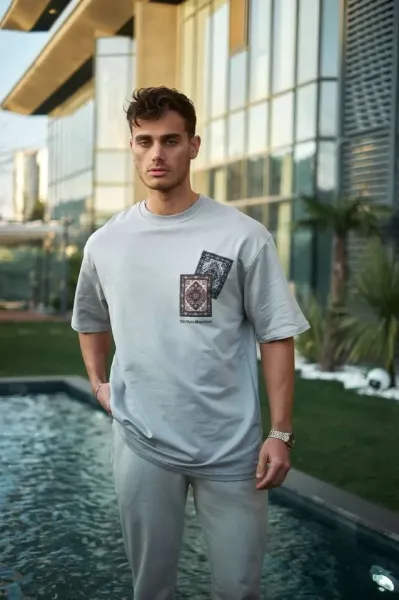 Unisex Bisiklet Yaka Baskılı Oversize T-Shirt - Boyalı Gri