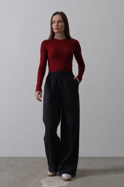 Beli Lastikli Bol Paça Pantolon - Lacivert-Beyaz