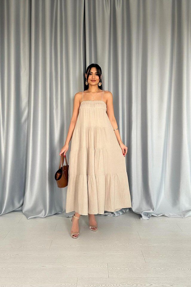 Taş Askılı Parçalı Müslin Elbise