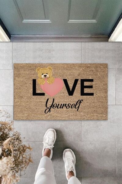 Bej Kapı Önü Paspası Love Yourself Ayıcık Desen  K-3327