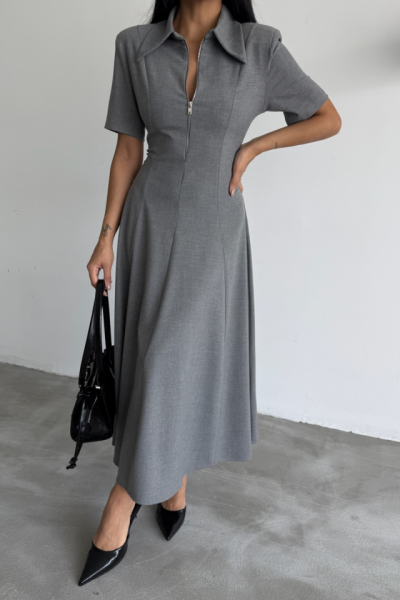POLYVİSKON ELBİSE KISA KOL YAKA VE FERMUAR DETAYLI - Gri