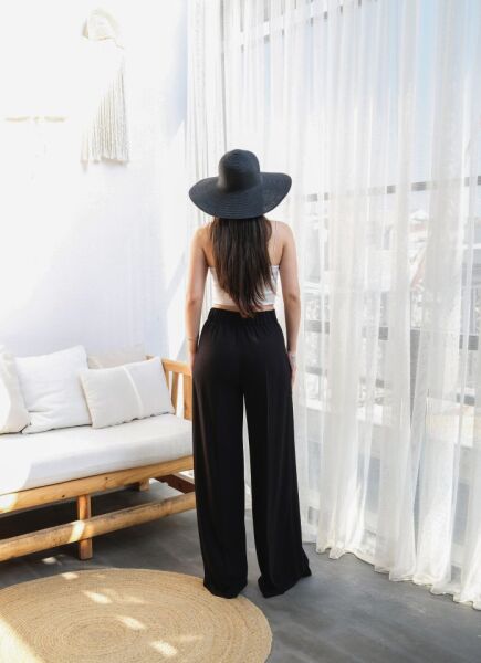 Keten Önü Çapraz Parçali Lasti̇kli̇ Ve Bağcikli Geni̇ş Paça Pantolon